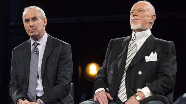 Ron MacLean (left) sits with Don Cherry as Rogers TV unveils their team for the station's NHL coverage in Toronto on Monday, March 10, 2014. (Chris Young / THE CANADIAN PRESS)