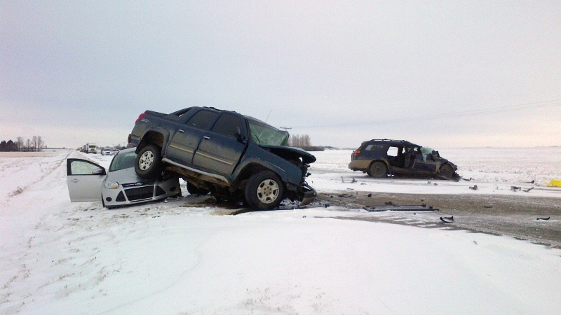 Five people died in a three-vehicle collision Tuesday morning on Highway 6 north of Regina. (RCMP handout)