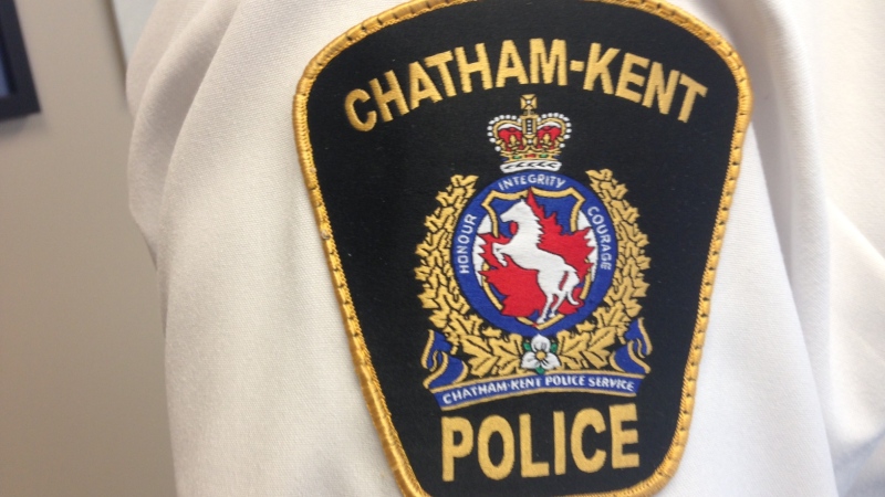 The Chatham-Kent police crest is seen on a uniform in Chatham, Ont. (Chris Campbell / CTV Windsor)