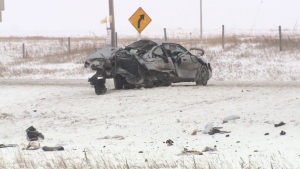 Highway 46 east of Regina was closed after a fatal crash between a car and a semi Friday morning near Pilot Butte.