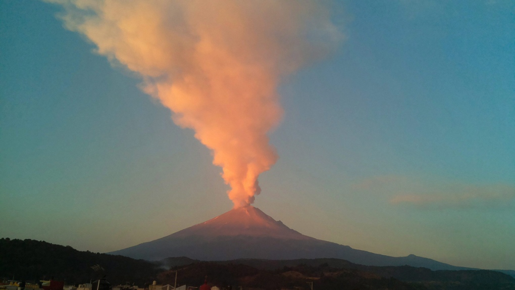 Ash and steam rise from the Popocatepetl volcano