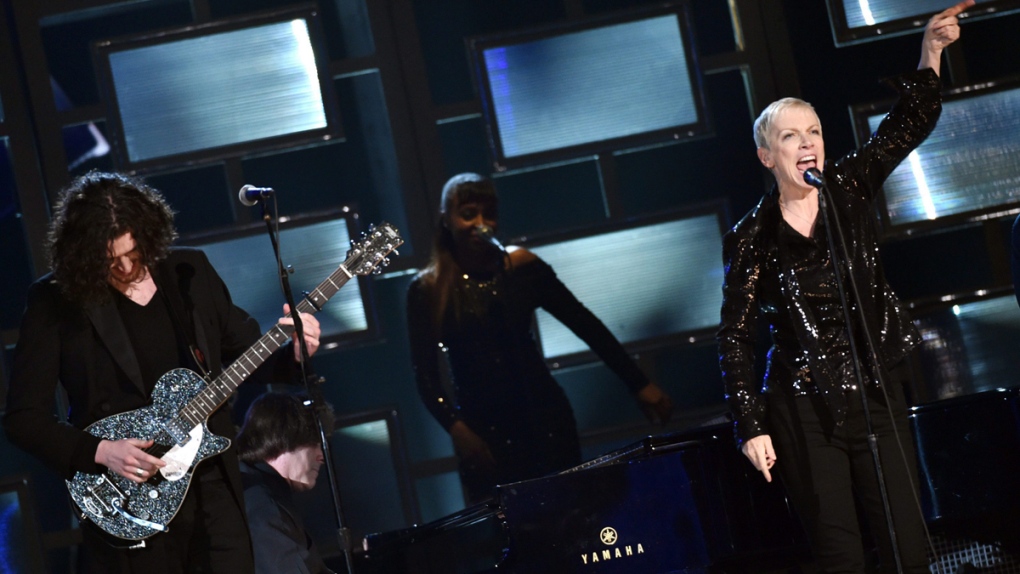Hozier, left, and Annie Lennox at the Grammys