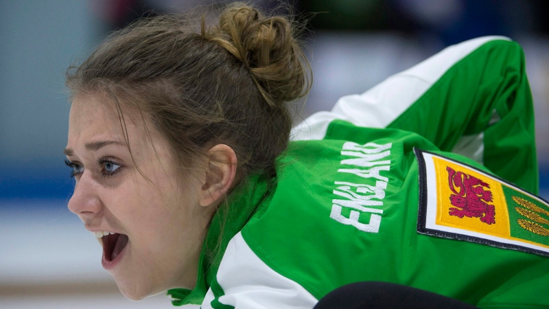 Saskatchewan third Sara England calls her shot during a draw against British Columbia at the Canada Winter Games in Prince George, B.C. Thursday, Feb. 26, 2015. THE CANADIAN PRESS/Jonathan Hayward