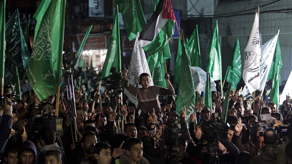 Palestinian Hamas supporters protest in Gaza City