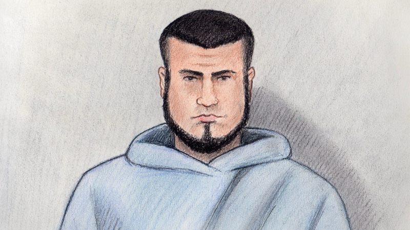 Court sketch of Carlos Larmond, charged with attempting to leave Canada to participate in terrorist activity abroad, and participating in the activity of a terrorist group.