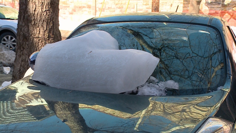 Large chunk of ice through windshield.