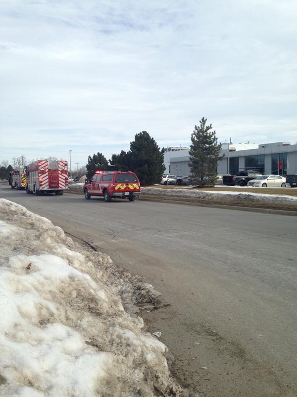 Fire crews and Union Gas workers investigate a natural gas smell at the Brose plant in London, Ont., March 13, 2015. (Celine Moreau/CTV London)