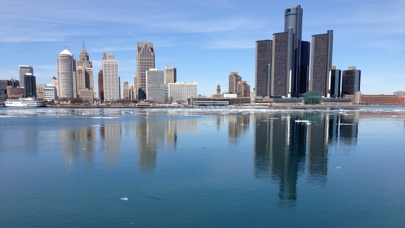 A view of the Detroit River and the Detroit skyline from Windsor, Ont., March 13, 2015. (Michelle Maluske/CTV Windsor)