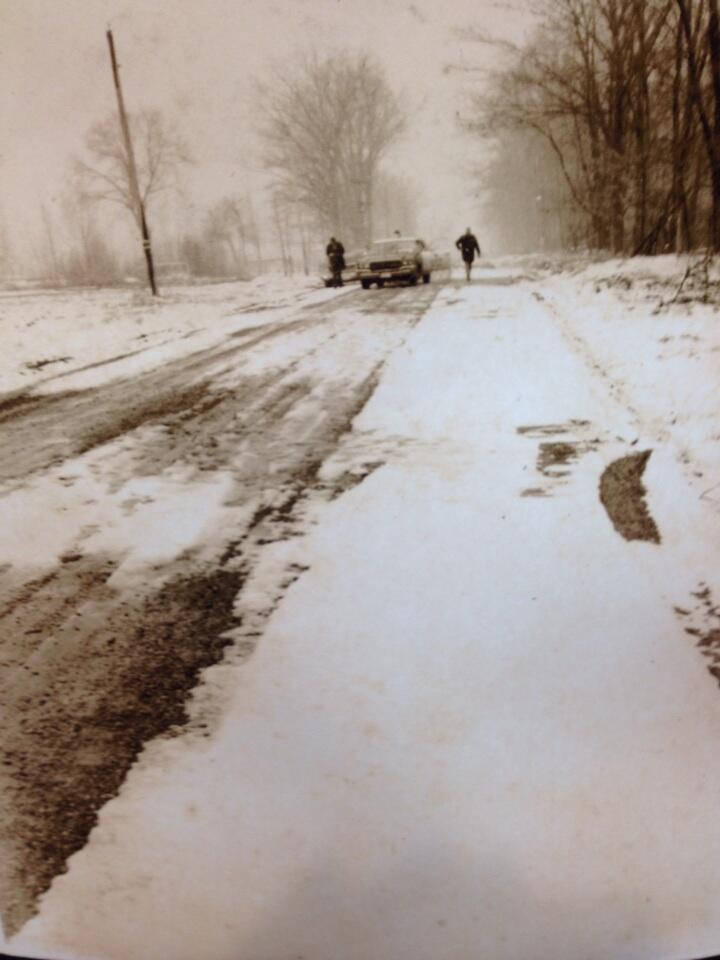 An old photo shows the area where the body of Karen Caughlin was found - in a shallow ditch by a gravel road northwest of Petrolia - on March 16, 1974. (Daryl Newcombe / CTV London)