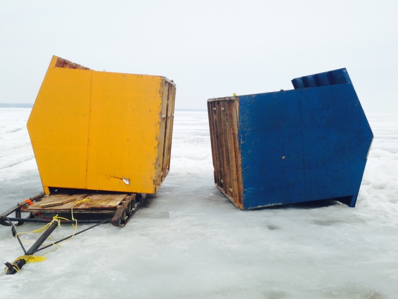 Two ice huts sit on Lake Simcoe, near Barrie, Ont. on Monday, March 16, 2015. (Rob Cooper/ CTV Barrie)