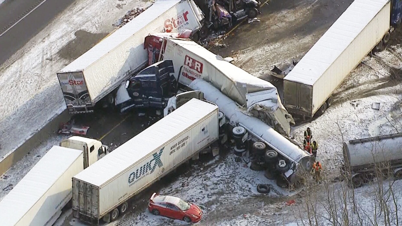 The aftermath of a 50-vehicle collision is seen from the CTV News chopper near Belleville on Wednesday, March 18, 2015.