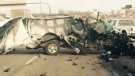 The remains of a cargo van following Thursday morning's collision on Deerfoot Trail (Steve Mathiesen)