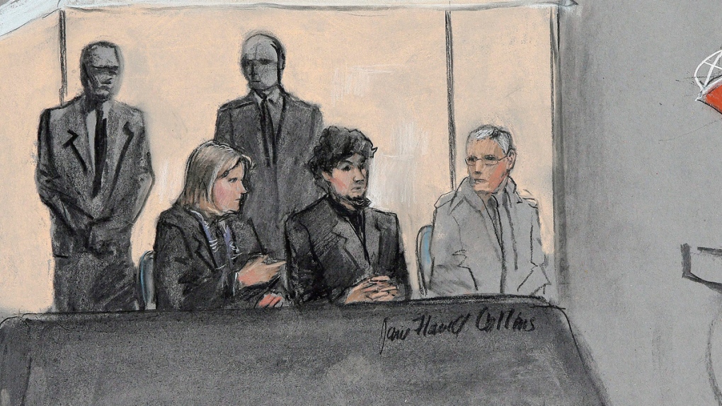 Court sketch of Dzhokhar Tsarnaev, centre seated
