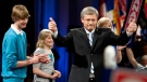 Prime Minister Stephen Harper, his wife Laureen, son Ben and daughter Rachel, in Calgary, Alta., on May 2, 2011. (THE CANADIAN PRESS / Jeff McIntosh)