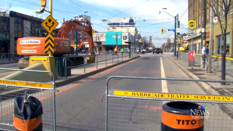 The intersection of Spadina Avenue and College Street is closed in all four directions for the next three weeks.