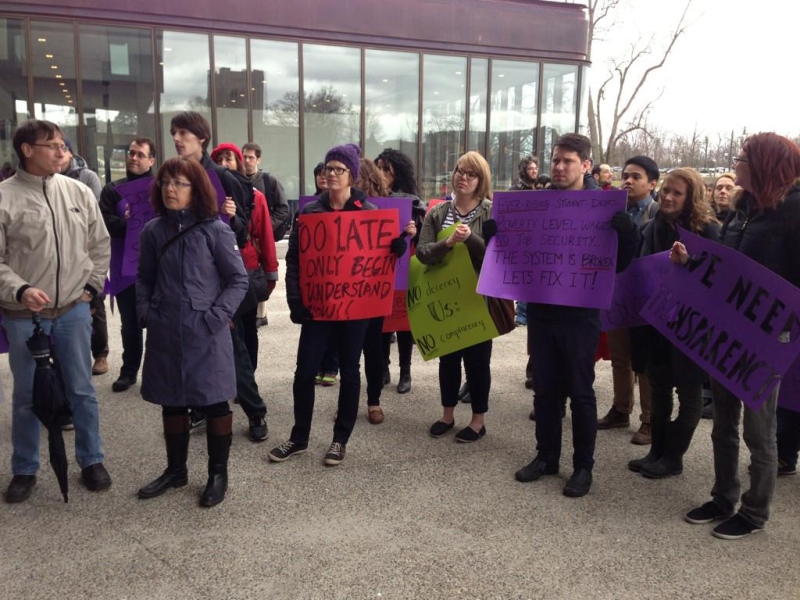 Protesters gather ahead of the meeting of the Western Senate in London, Ont. on Friday, April 10, 2015. (Bryan Bicknell / CTV London)