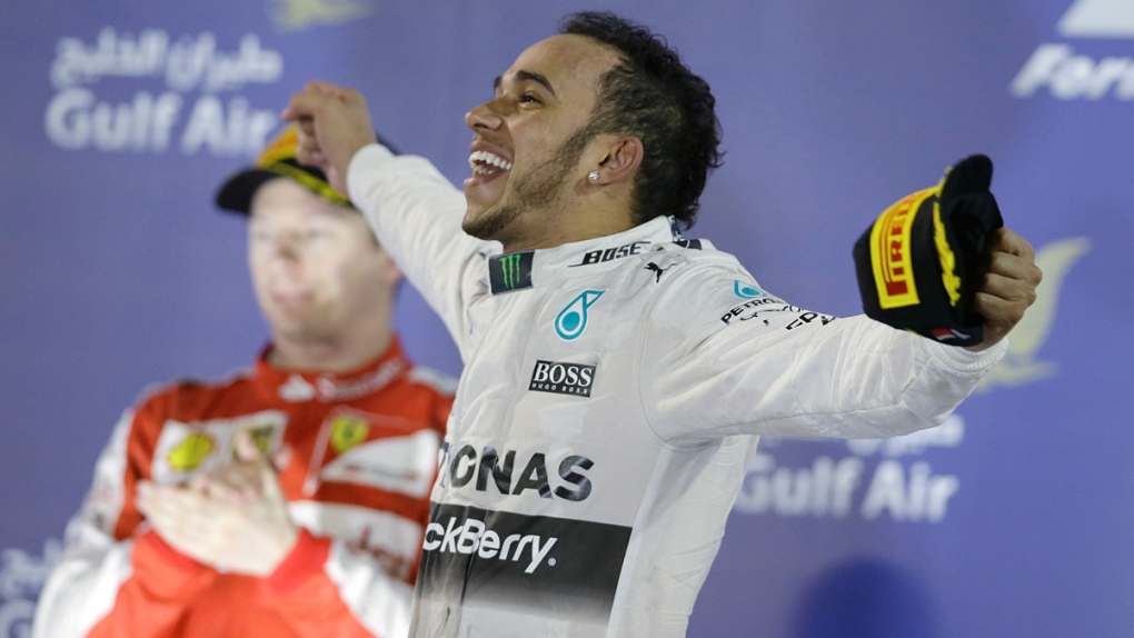 Lewis Hamilton celebrates Bahrain F1 GP win
