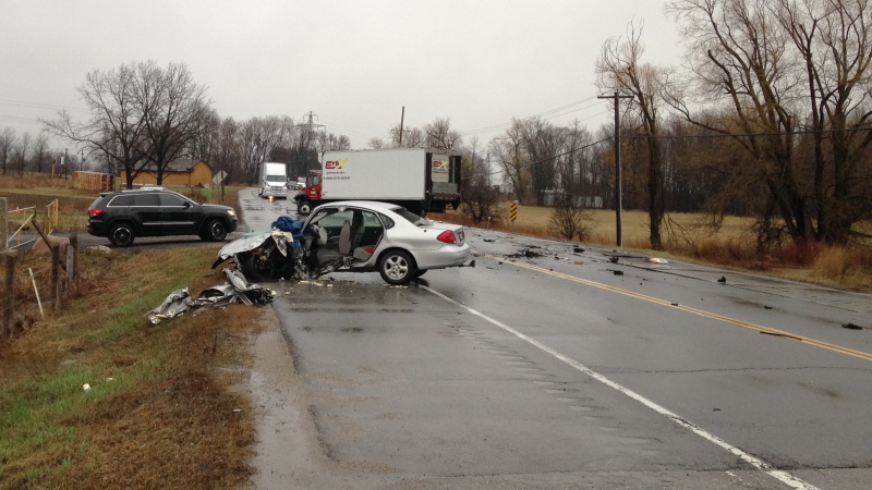 One person was taken to hospital following a two-vehicle crash on Highway 24 near Kossuth Road on Monday, April 20, 2015. (Brian Dunseith / CTV Kitchener)