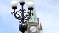 A CCTV surveillance camera is shown with Centre Block's Peace Tower on Parliament Hill in Ottawa on Tuesday, April 21, 2015. (Justin Tang / THE CANADIAN PRESS)