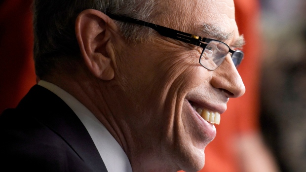 Joe Oliver takes part in an interview after tabling the federal budget in the House of Common on Parliament Hill in Ottawa on Tuesday, April 21, 2015. (Justin Tang / THE CANADIAN PRESS)