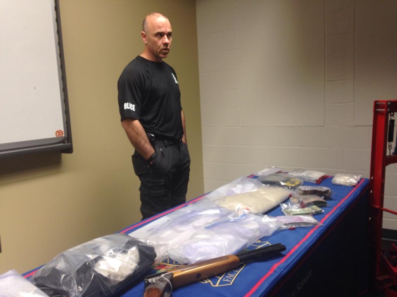 London police show drugs and weapons seized in Waterloo and London, Ont., on Thursday, April 30, 2015. (Colleen MacDonald / CTV London)