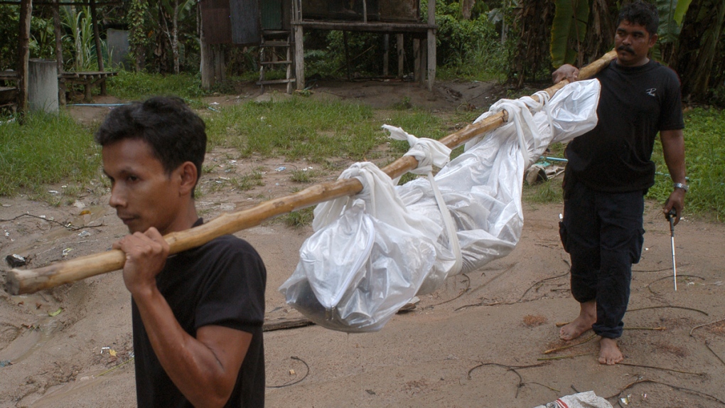 Thai rescuers carry a dead body