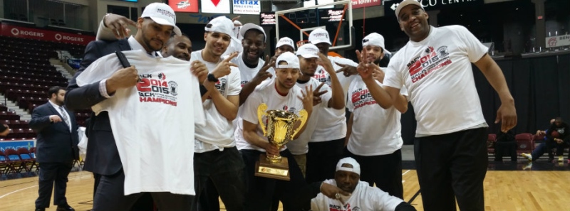 Windsor Express celebrate an unusual way to win the NBL title in Windsor, Ont., on Thursday, April 30, 2015. (Courtesy Windsor Express)
