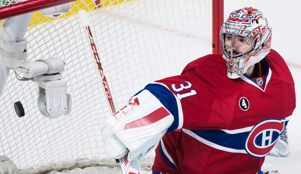 Montreal Canadiens goaltender Carey Price looks ba