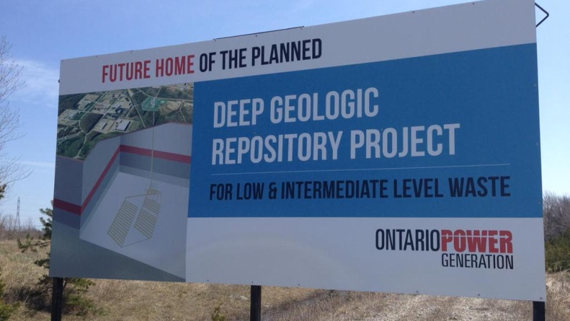 A sign is visible at the site proposed to bury nuclear waste near Lake Huron, Ont., Wednesday, May 6, 2015. (Scott Miller / CTV London)