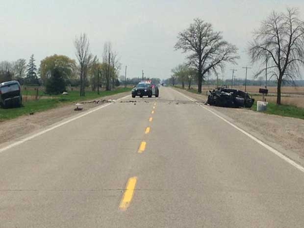 Two people were taken to hospital after a head-on crash on Egremont Drive north of Strathroy, Ont. on Friday, May 8, 2015. (Daryl Newcombe / CTV London)