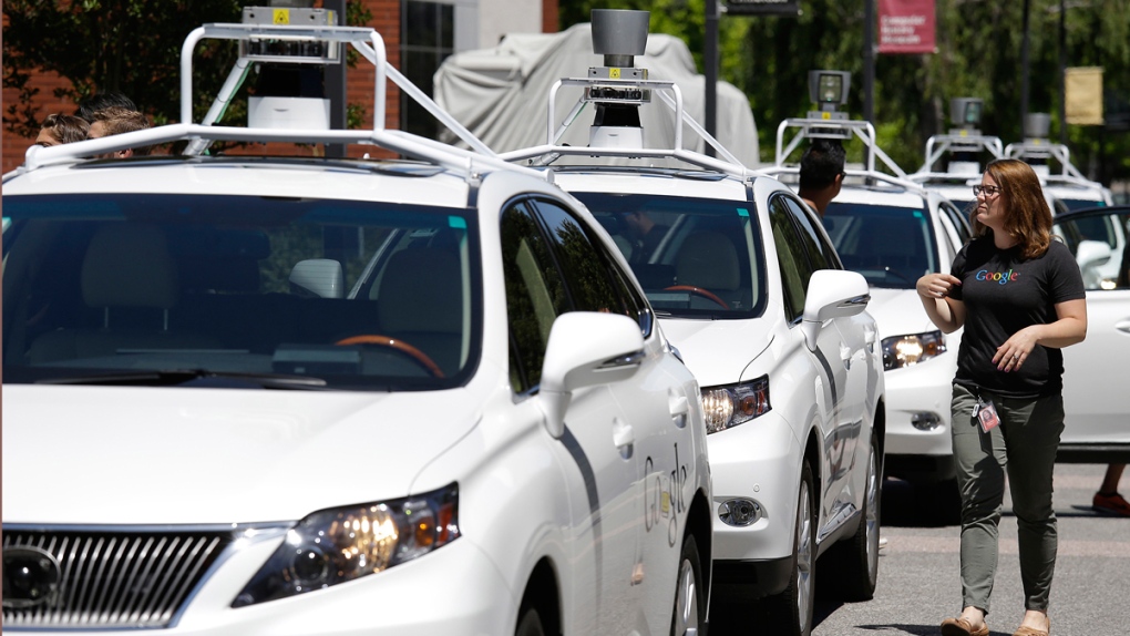 A row of Google self-driving Lexus cars