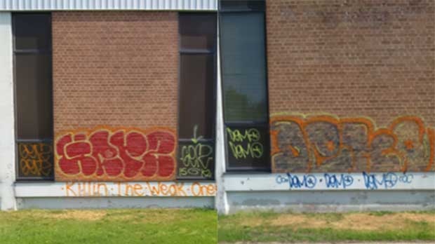 A combination of photos released by Sarnia police shows graffiti on the Bell building in Sarnia, Ont.