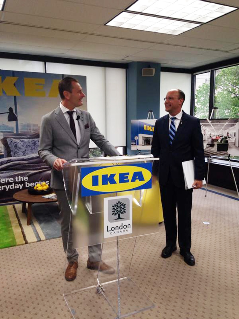 Stefan Sjöstrand, president of IKEA Canada, along with London Mayor Matt Brown in London, Ont., on Wednesday, May 13, 2015. (Celine Moreau / CTV London)