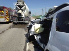 A collision involving a cement truck and SUV sent one woman to hospital in London, Ont. on Thursday, May 14, 205. (Chuck Dickson / CTV London)