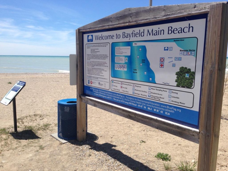 A sign at the main beach in Bayfield, Ont. explains the blue flag certification on Wednesday, May 20, 2015. (Scott Miller / CTV London)