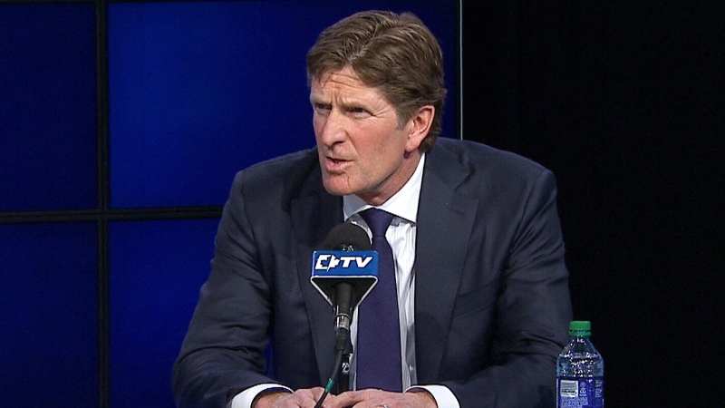 Toronto Maple Leafs Coach Mike Babcock speaks to reporters from the Air Canada Centre on Thursday, May 21, 2015. 