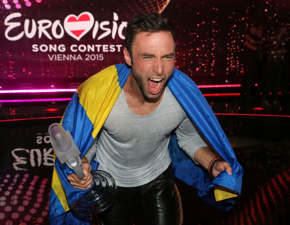 Mans Zelmerlow celebrates winning Eurovision