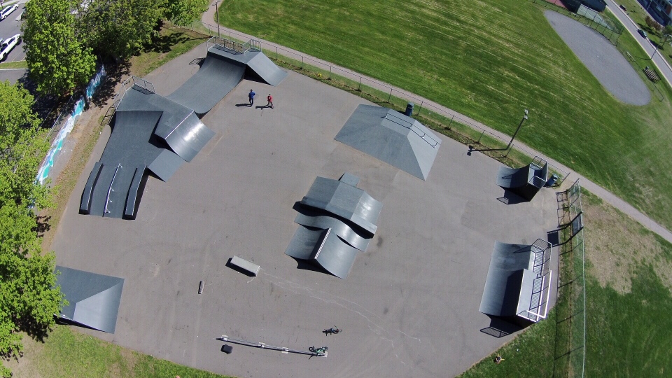 Aerial image of Joel Gauthier Skatepark. 