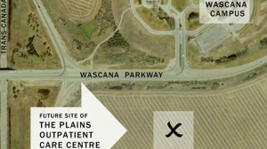 The site of a planned health facility in Regina is seen in this aerial map from the Saskatchewan government website.