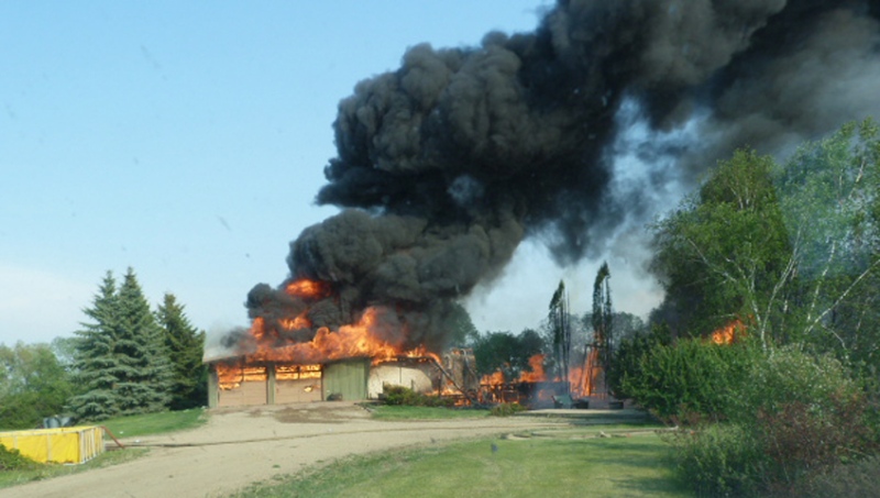 A home burns down south of Saskatoon Tuesday. (Supplied: Saskatoon Fire Department)