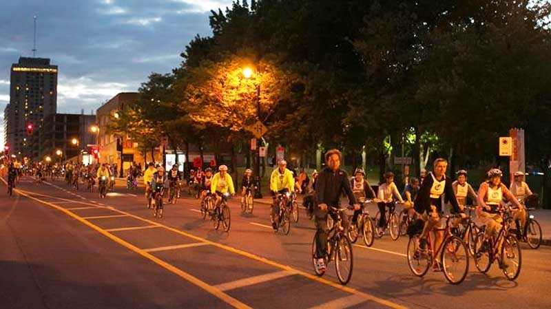 Thousands of riders are expected at the Tour de Nuit which covers 21 km of roadways east of Park Ave. (Image: Velo Quebec Facebook) 