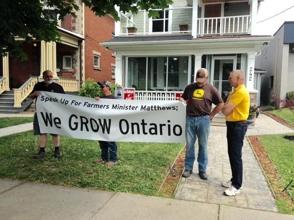 Members of Grain Farmers of Ontario protest outside of Deb Matthews' office in London Ont, on Friday May 29, 2015. 