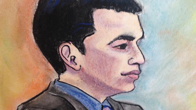 A sketch of Matthew de Grood in a Calgary court, Friday, May 29, 2015. (Sharon Sargent)