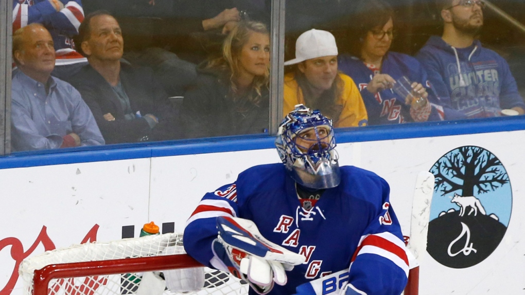 New York Rangers goalie Henrik Lundqvist looks up 