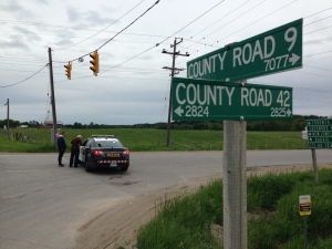 An OPP cruiser blocks a section of County Road 42, following a crash on Sunday, May 31, 2015. (Don Wright/ CTV Barrie)