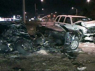 The remains of the Mazda, with the Jeep in the background, on Bayview Avenue in Richmond Hill after the Friday, Oct. 31, 2008 collision.