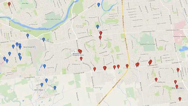 Police map of damaged property and bus shelters