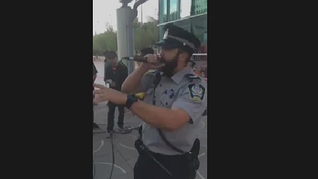 Transit peace officer Halley Barrantes was caught on camera during a hip hop event at Churchill Square. Photo courtesy Facebook. 