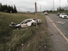 A vehicle involved in a fatal crash on the off ramp from Hwy. 410 to Queen Street in Brampton is shown. (Kerry Schmidt)