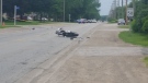 A damaged motorcycle is seen after a crash in LaSalle, Ont. on Wednesday, June 17, 2015. (Angelo Aversa / CTV Windsor)